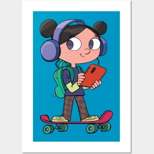 girl on a skateboard listens to music and holds a mobile phone Posters and Art